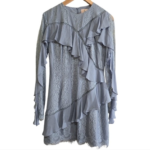 keepsake Better Days Lace Ruffle Dress in Dusty Blue Large Long Sleeve Mini - Picture 4 of 11